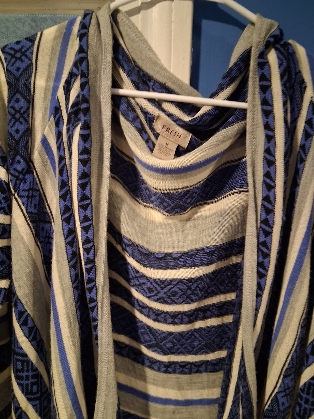 Fresh Bohemian Aztec Blue & Grey Fringe Cardigan Sweater Womens Size Medium